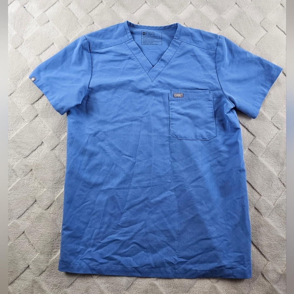 Figs Leon Three-Pocket Scrub Top Mens Small Blue Medical Nurse Wear